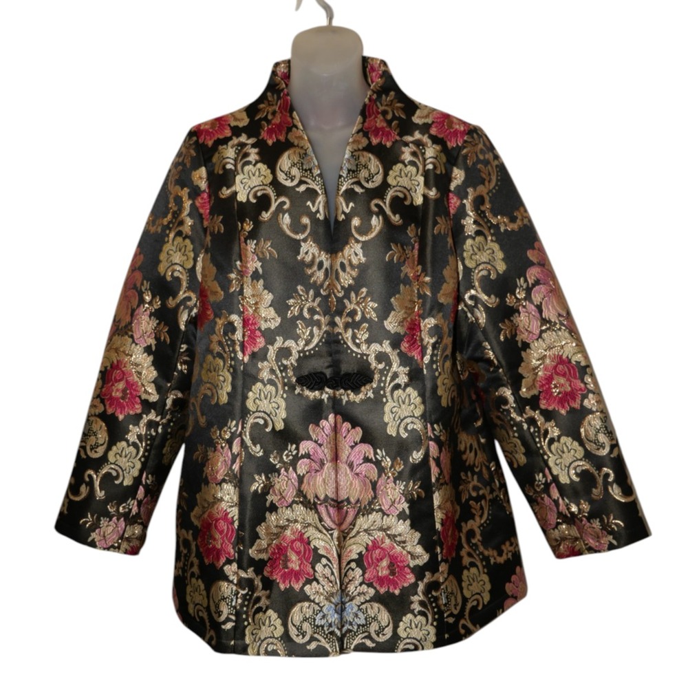 Soft Surroundings Moon Dynasty Brocade Jacket Black Gold Pink Frog Closure M NWT